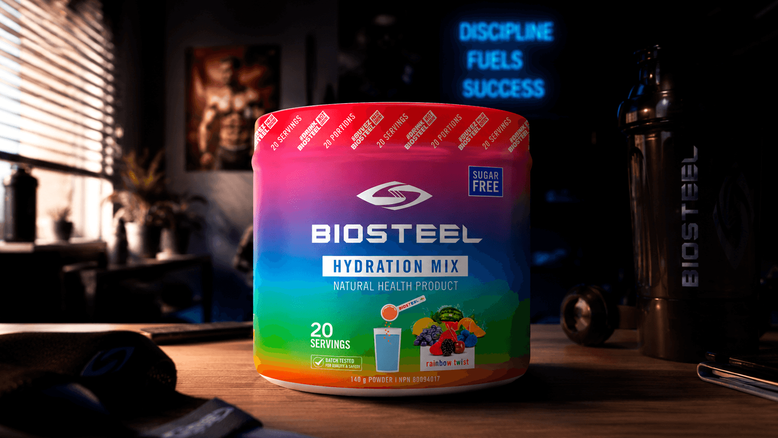 Изотоник BioSteel Hydration Mix мультифрукт стоит на столе Изотоник BioSteel Hydration Mix мультифрукт стоит на столе
