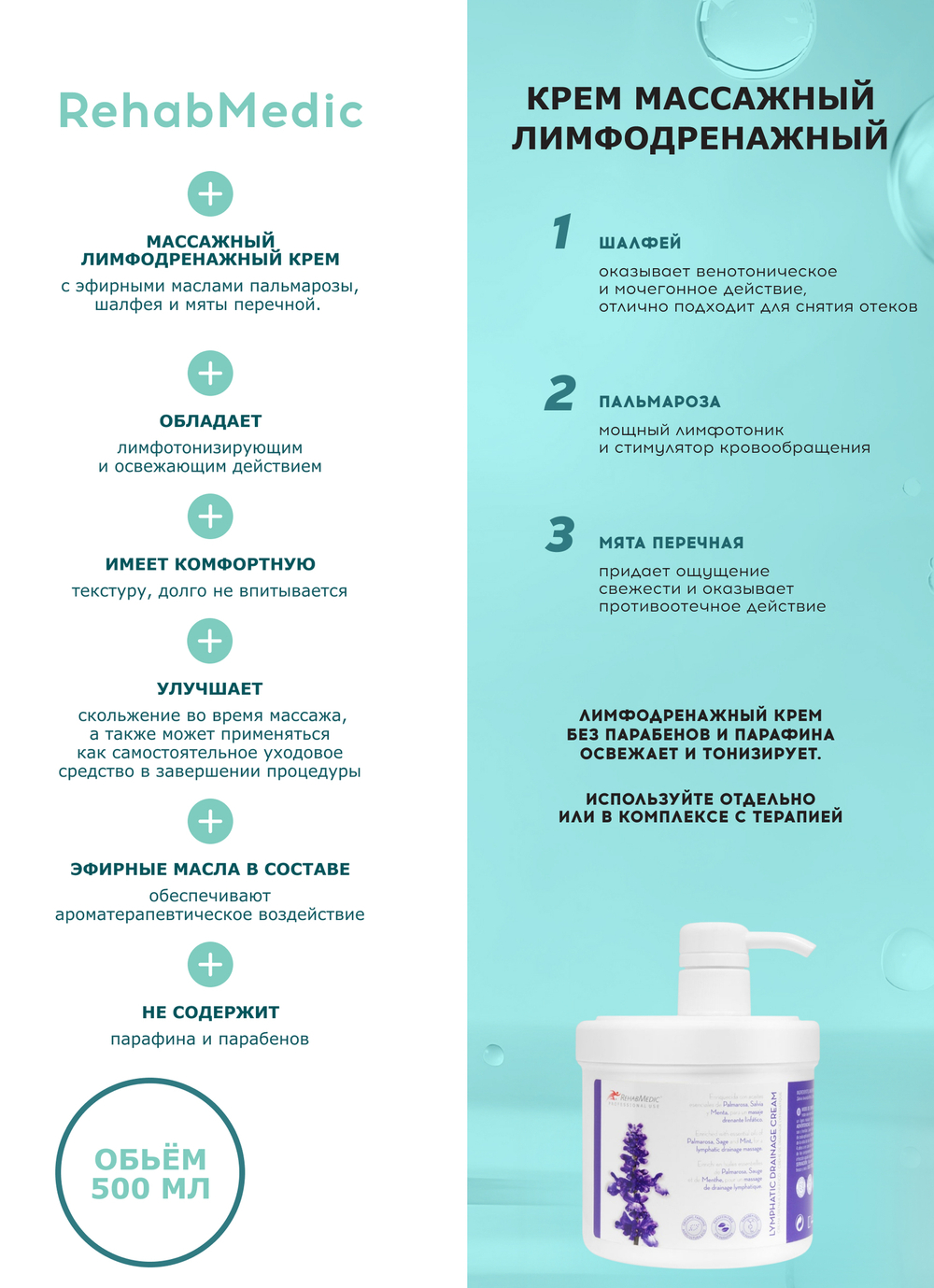 Крем массажный лимфодренажный REHABMEDIC Lymphatic Drainage Cream, 500 мл