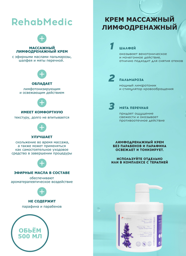 Крем массажный лимфодренажный REHABMEDIC Lymphatic Drainage Cream, 500 мл